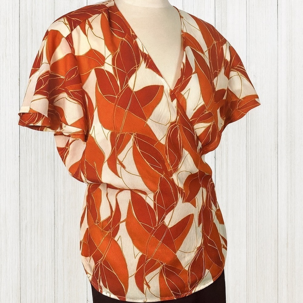 Lane Bryant Red Orange Leaf Print Wrap Blouse Flutter Sleeve V-Neck  Size 22-24